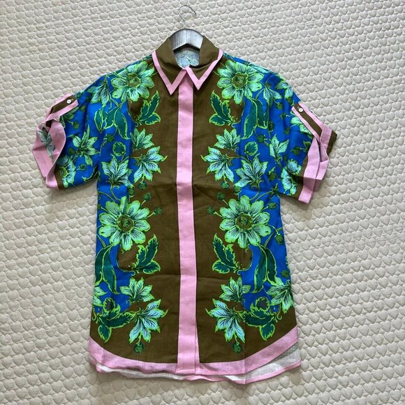 NWT ALEMAIS WINNIE FLORAL SPLICED BLUE BROWN Linen Short Sleeves SHIRT Blouse 2